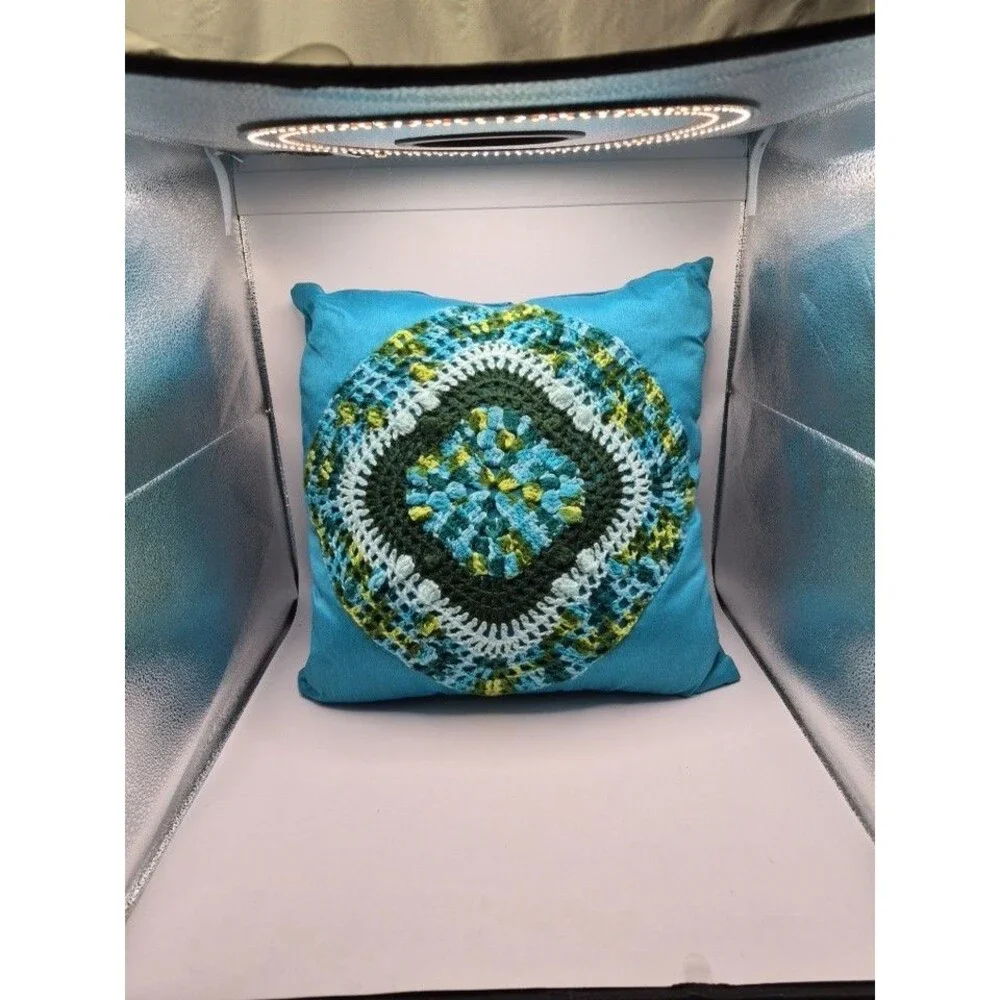 Crochet Granny Square Floral Boho Mandala Pillow Teal Green Yellow 16